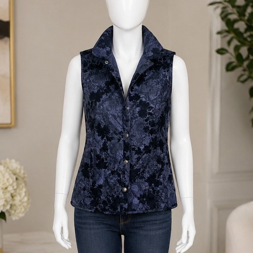 J. Jill Womens Quilted Vest Dark Floral Paisley Button Front Gray Black XS